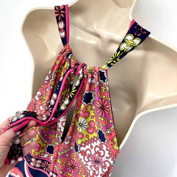 Trina Turk Floral Halter Mini Dress Sz 4 Lined Pink Navy Peach Retro Stretch - Picture 6 of 11